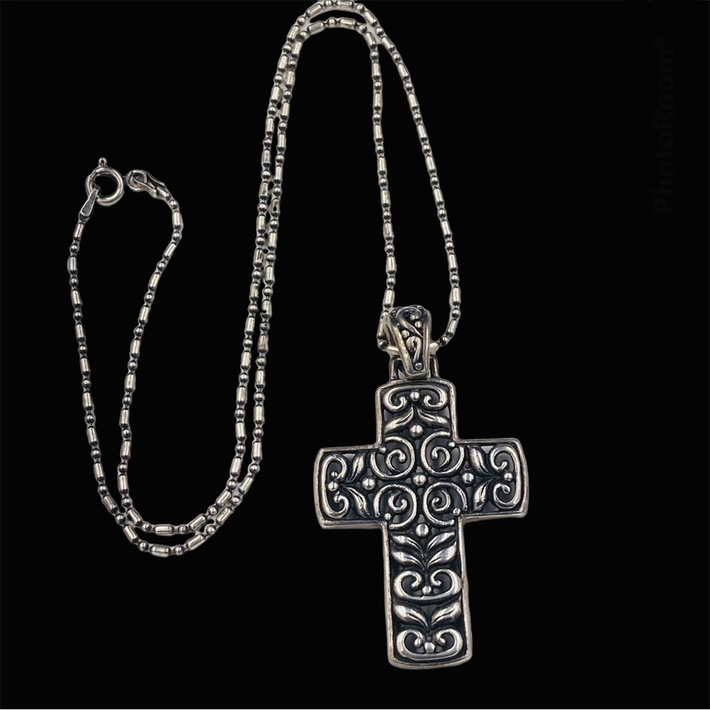 Sterling Scroll and Leaf Design Cross with Bead and Ball Chain